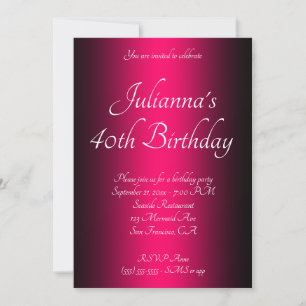 Invitación Elegante cumpleaños 40 negro y rosa brillante ombr