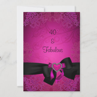 Invitación Elegante Cumpleaños 40 Negro y Rosa Fabuloso