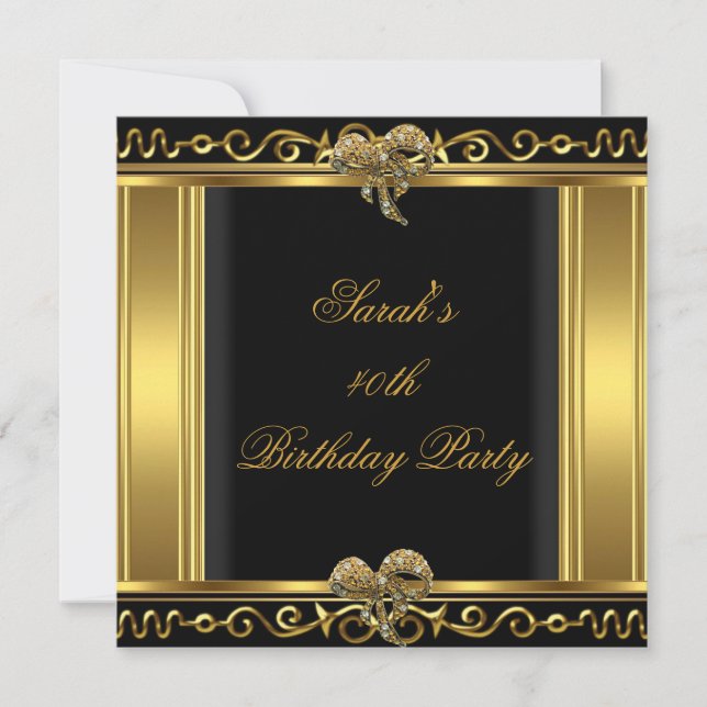Invitación Elegante Cumpleaños 40 Oro Negro Joya Arco (Anverso)