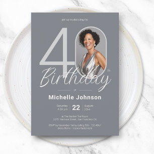 Invitación Elegante Cumpleaños 40 Personalizado Foto Blanco P