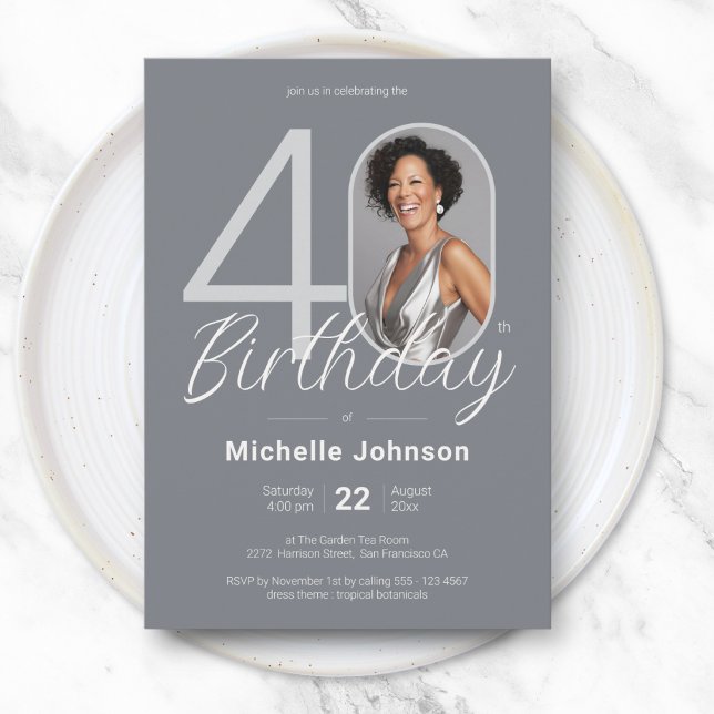 Invitación Elegante Cumpleaños 40 Personalizado Foto Blanco P (Elegant Custom Photo White Silver 40th Birthday Invitation)