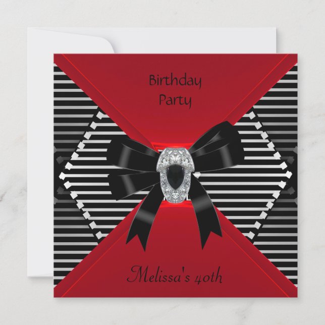 Invitación Elegante Cumpleaños 40 Rojo Negro Franja Plateada (Anverso)