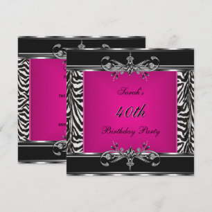 Invitación Elegante Cumpleaños 40 Rosa Cebra Negro Plata