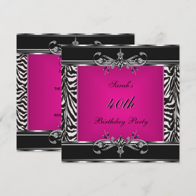 Invitación Elegante Cumpleaños 40 Rosa Cebra Negro Plata (Anverso / Reverso)