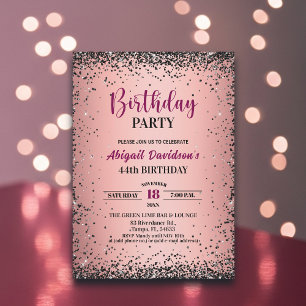 Invitación Elegante Cumpleaños 44 con Brillo Metálico Rosa