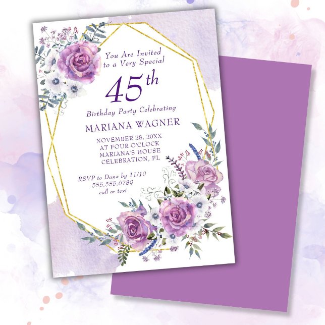 Invitación Elegante cumpleaños 45 con flores de acuarela púrp (Subido por el creador)