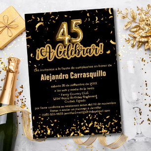 Invitación Elegante Cumpleaños 45 en Negro y Dorado con Confe