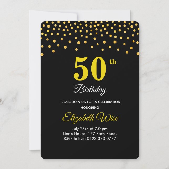 Invitación Elegante cumpleaños 50 60 70 en negro (Anverso)
