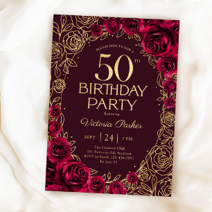 Invitación Elegante Cumpleaños 50 Burgundy Flores Doradas