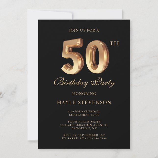 Invitación Elegante Cumpleaños 50 Chic Negro & Oro de Lujo (Anverso)