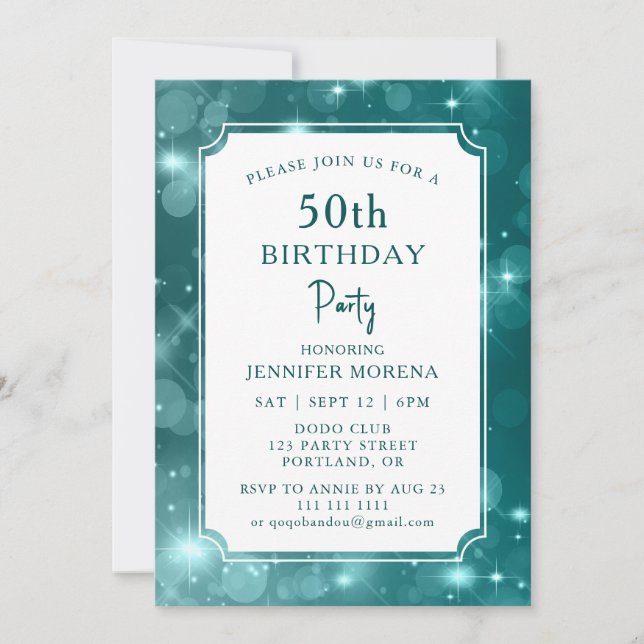 Invitación Elegante Cumpleaños 50 con Efecto Bokeh Brillante (Anverso)