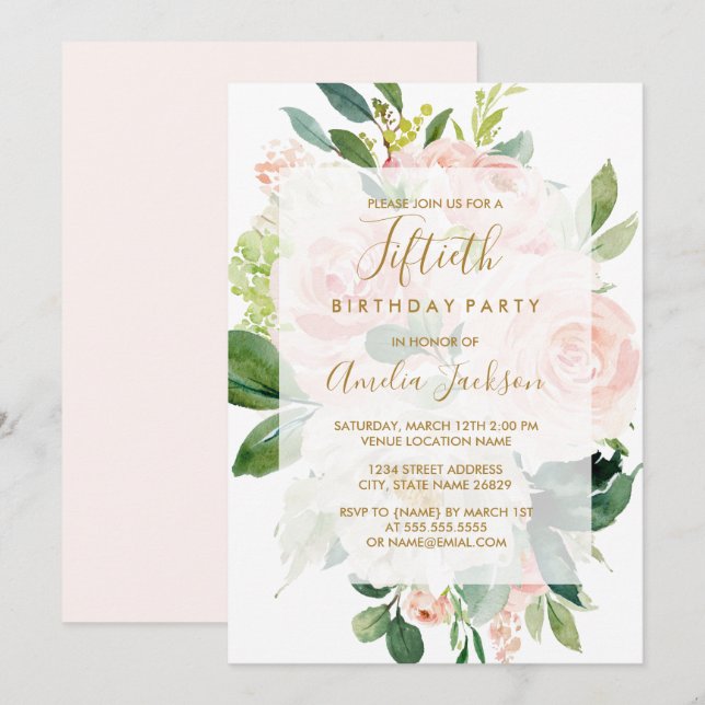 Invitación Elegante Cumpleaños 50 con Flor de Melocotón Rosa (Anverso / Reverso)