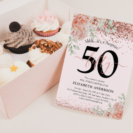 Invitación Elegante Cumpleaños 50 con Flores Rosadas y Brillo