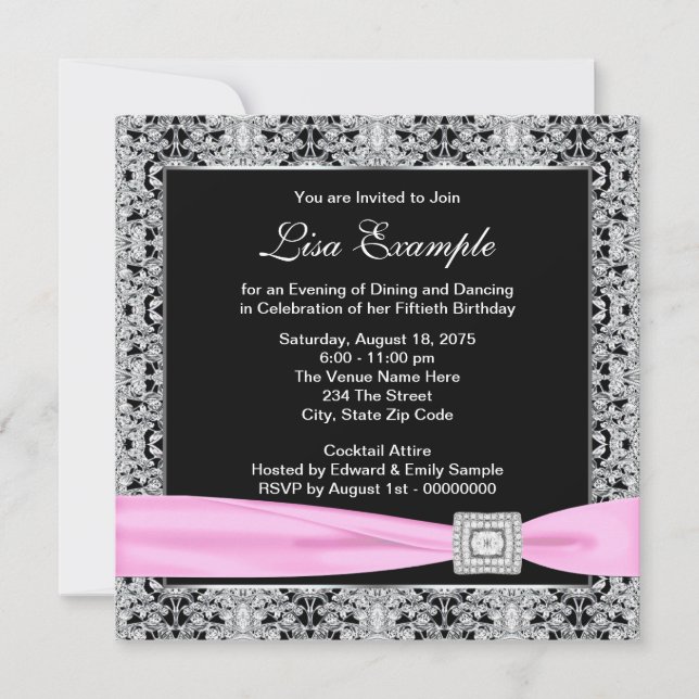 Invitación Elegante Cumpleaños 50 de Mujer en Rosa y Negro (Anverso)