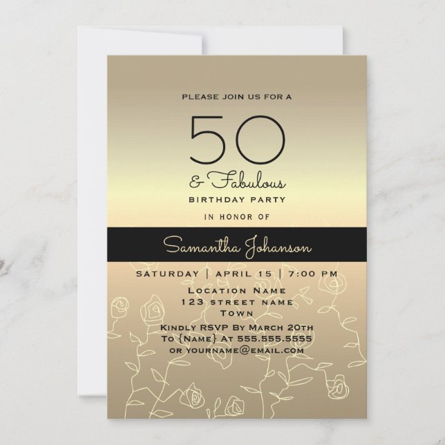 Invitación Elegante Cumpleaños 50 de Oro (Anverso)
