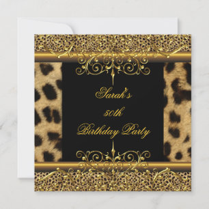 Invitación Elegante Cumpleaños 50 Dorado Leopardo Negro
