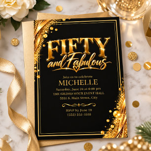 Invitación Elegante Cumpleaños 50 Dorado Negro Cincuenta Fant