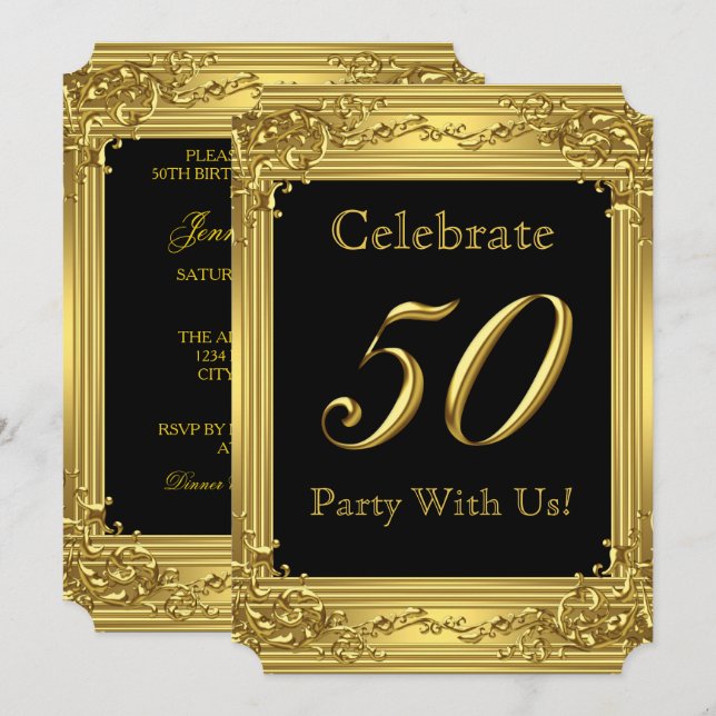 Invitación Elegante Cumpleaños 50 Dorado Oro 50 Negro 2 (Anverso / Reverso)