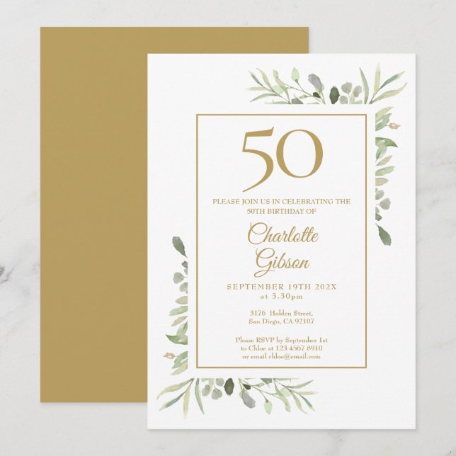 Invitación Elegante Cumpleaños 50 en Dorado Acuarela Verde (Anverso / Reverso)