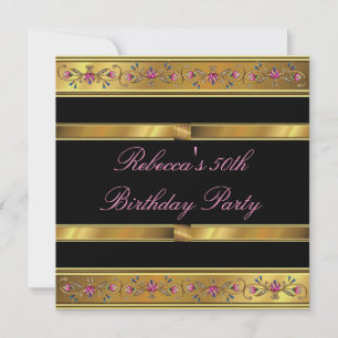 Invitación Elegante Cumpleaños 50 en Negro Floral Rosa Dorado