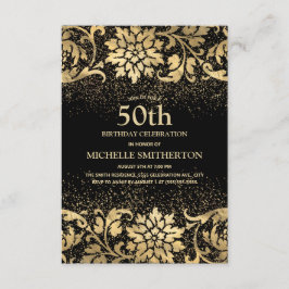 Invitación Elegante Cumpleaños 50 en Negro y Dorado con Brill