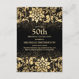 Invitación Elegante Cumpleaños 50 en Negro y Dorado con Brill
