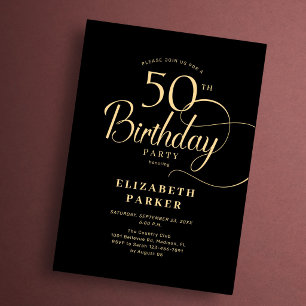 Invitación Elegante Cumpleaños 50 en Negro y Oro con Letra Sc