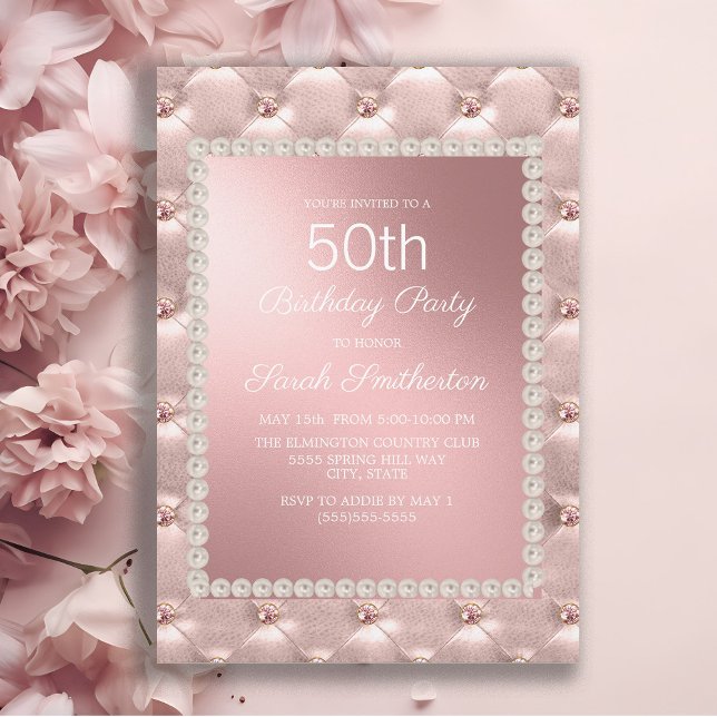 Invitación Elegante Cumpleaños 50 en Rosa y Blanco (Elegant pink tufted 50th birthday party invitation for women.)