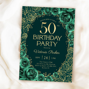 Invitación Elegante Cumpleaños 50 Esmeralda Verde Oro Floral
