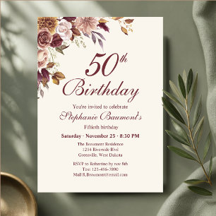 Invitación Elegante Cumpleaños 50 Floral Crema Borgoña Esquin