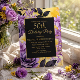 Invitación Elegante Cumpleaños 50 Floral Púrpura Amarillo
