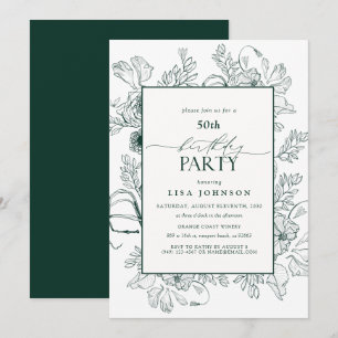 Invitación Elegante Cumpleaños 50 Floral Verde Esmeralda