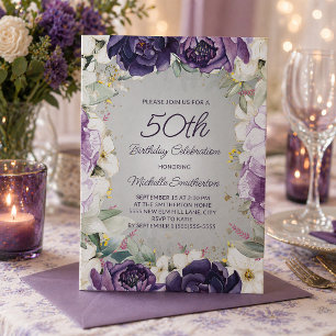 Invitación Elegante Cumpleaños 50 Glitter Floral Púrpura Blan
