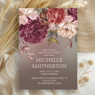 Invitación Elegante Cumpleaños 50 Marrón Burgundy Floral Marf
