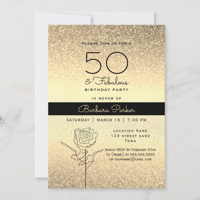 Invitación Elegante Cumpleaños 50 Negro y Dorado (Anverso)