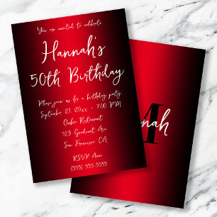 Invitación Elegante Cumpleaños 50 Negro y Rojo Ombre