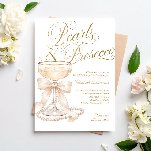 Invitación Elegante Cumpleaños 50 Perlas y Prosecco (Elegant 50th Birthday Pearls and Prosecco Invitation)