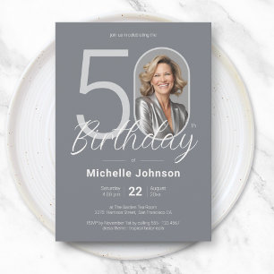 Invitación Elegante Cumpleaños 50 Personalizado Foto Blanco P