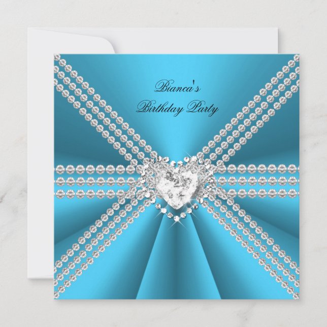 Invitación Elegante Cumpleaños 50 Plata Azul Corazón Diamante (Anverso)