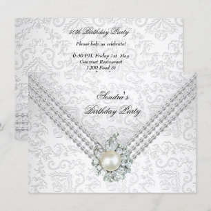 Invitación Elegante Cumpleaños 50 Plata Blanca Perla Diamante