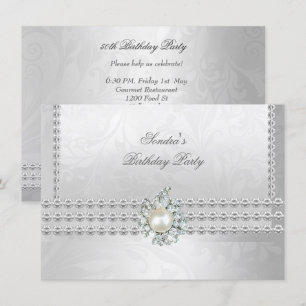 Invitación Elegante Cumpleaños 50 Plata Blanca Perla Diamante
