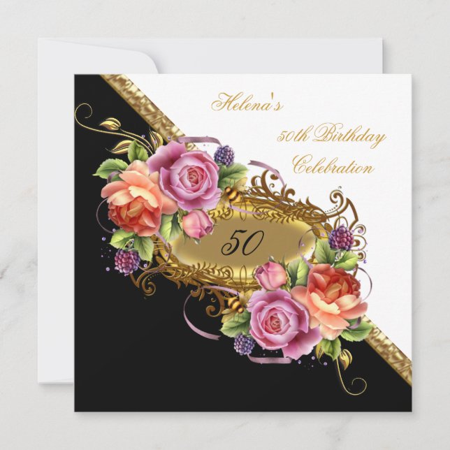 Invitación Elegante cumpleaños 50 rosa lila blanco dorado (Anverso)