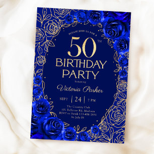 Invitación Elegante Cumpleaños 50 Royal Azul Oro Floral