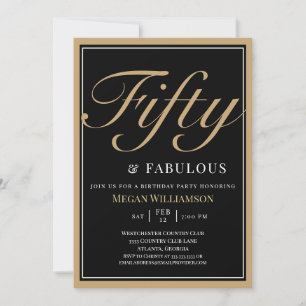 Invitación Elegante Cumpleaños 50 y Fabuloso en Negro y Dorad