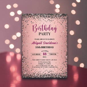 Invitación Elegante Cumpleaños 55 con Brillo Metálico Rosa y 