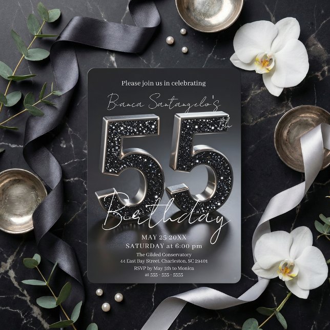 Invitación Elegante Cumpleaños 55 con Brillo Negro y Plateado (Subido por el creador)