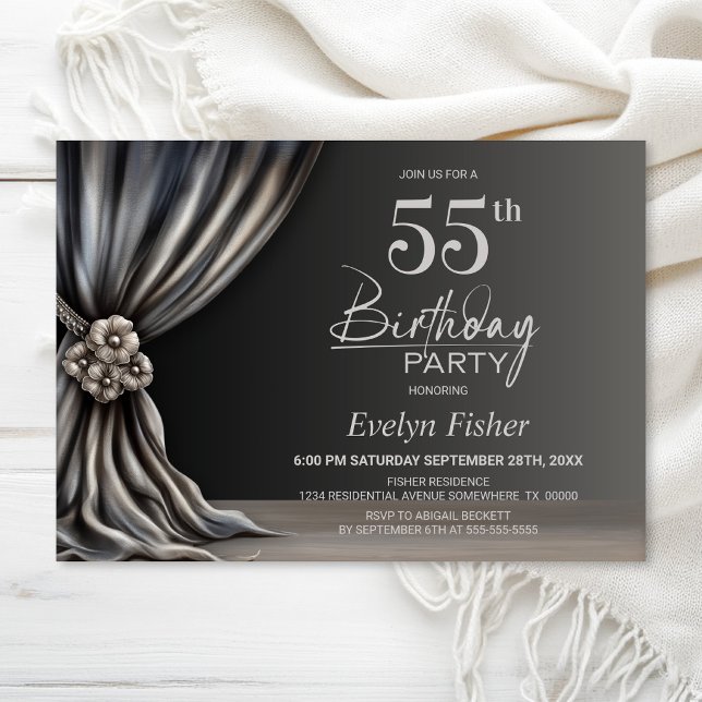 Invitación Elegante Cumpleaños 55 con Cortina de Plata (Subido por el creador)
