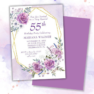 Invitación Elegante Cumpleaños 55 Floral Morado Aquarela