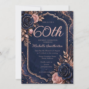 Invitación Elegante Cumpleaños 60 Azul Marino Rosa Dorado Bri