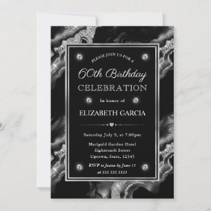 Invitación Elegante Cumpleaños 60 Brillante Agata Negro y Pla